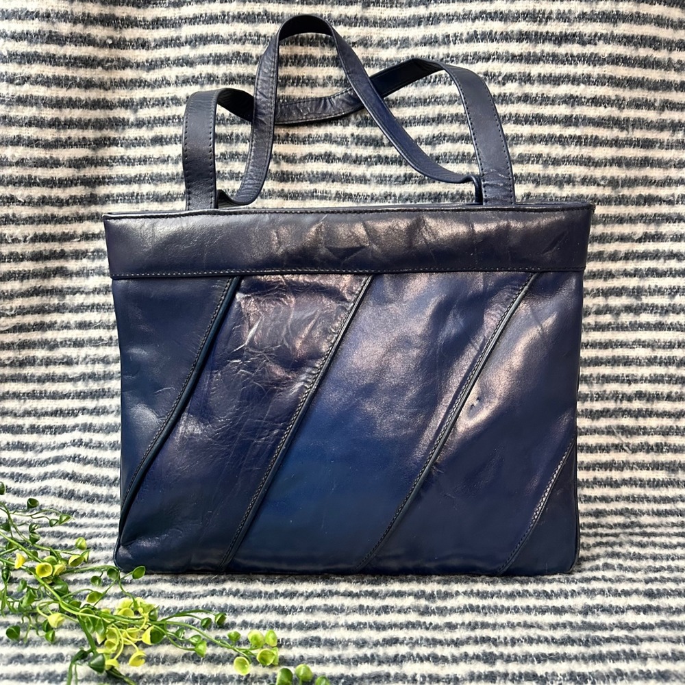 Vintage Blue Italian Leather Slim Zip Tote Hand Bag for Lord & Taylor 80's Retro